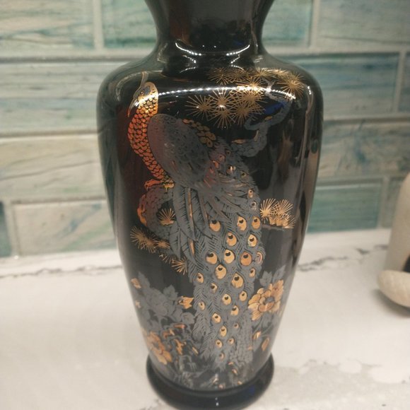 Vintage Peacock Floral Gold Trim Vase Japan - Picture 3 of 14